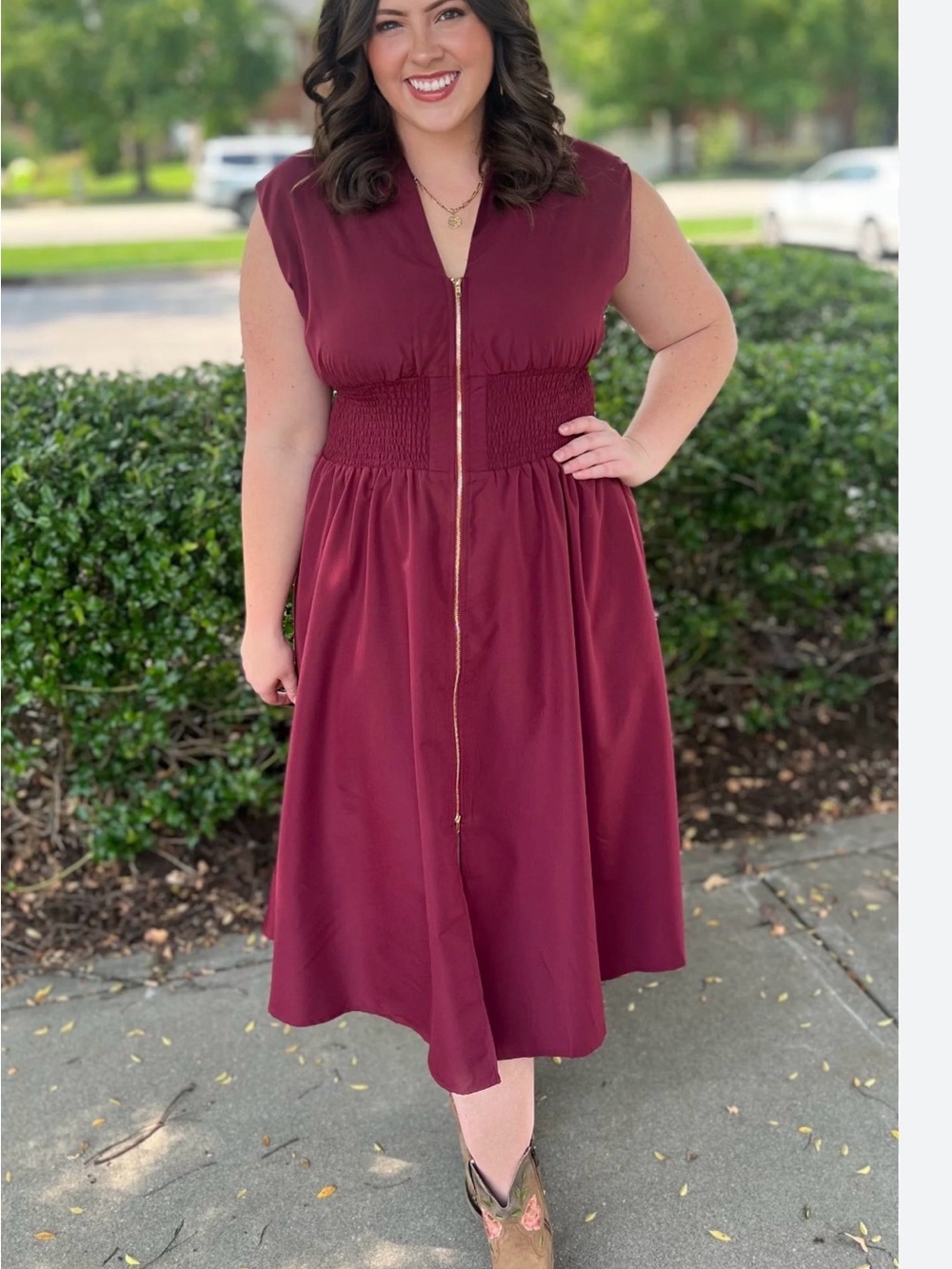 entro Burgundy Zip-Front Midi Dress